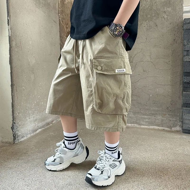 UNITIM Summer Children Boy Shorts Thin Sticker Pockets Junior Boy Overalls Loose Casual Elastic Waist Young Teens Boy Suspenders