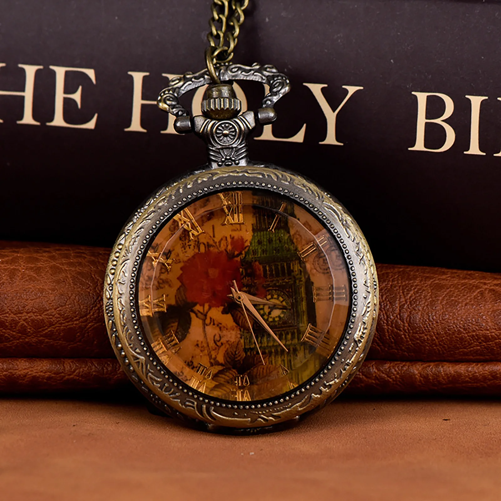 Quartz  with Chain Tea Color  Numerals Scale Mens Watch Ideal Gift for Family and Friends