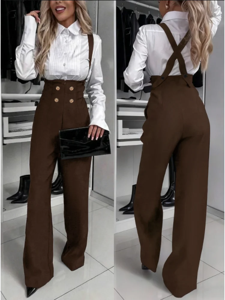 Celana Jumpsuit Wanita Musim Gugur Musim Dingin Model Suspender Kaki Lebar Warna Emas Kancing Dua Baris Retro Slim Fit Santai Sehari-hari Fashionable