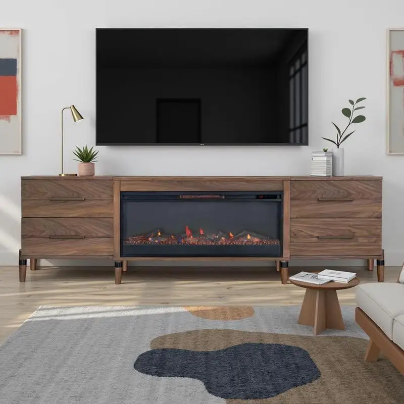 حامل تلفزيون مدفأة مقاس 94 بوصة لأجهزة التلفاز حتى 100 بوصة، سهل التجميع، لمسة نهائية من خشب الجوز، مركز ترفيه أنيق وعملي #3