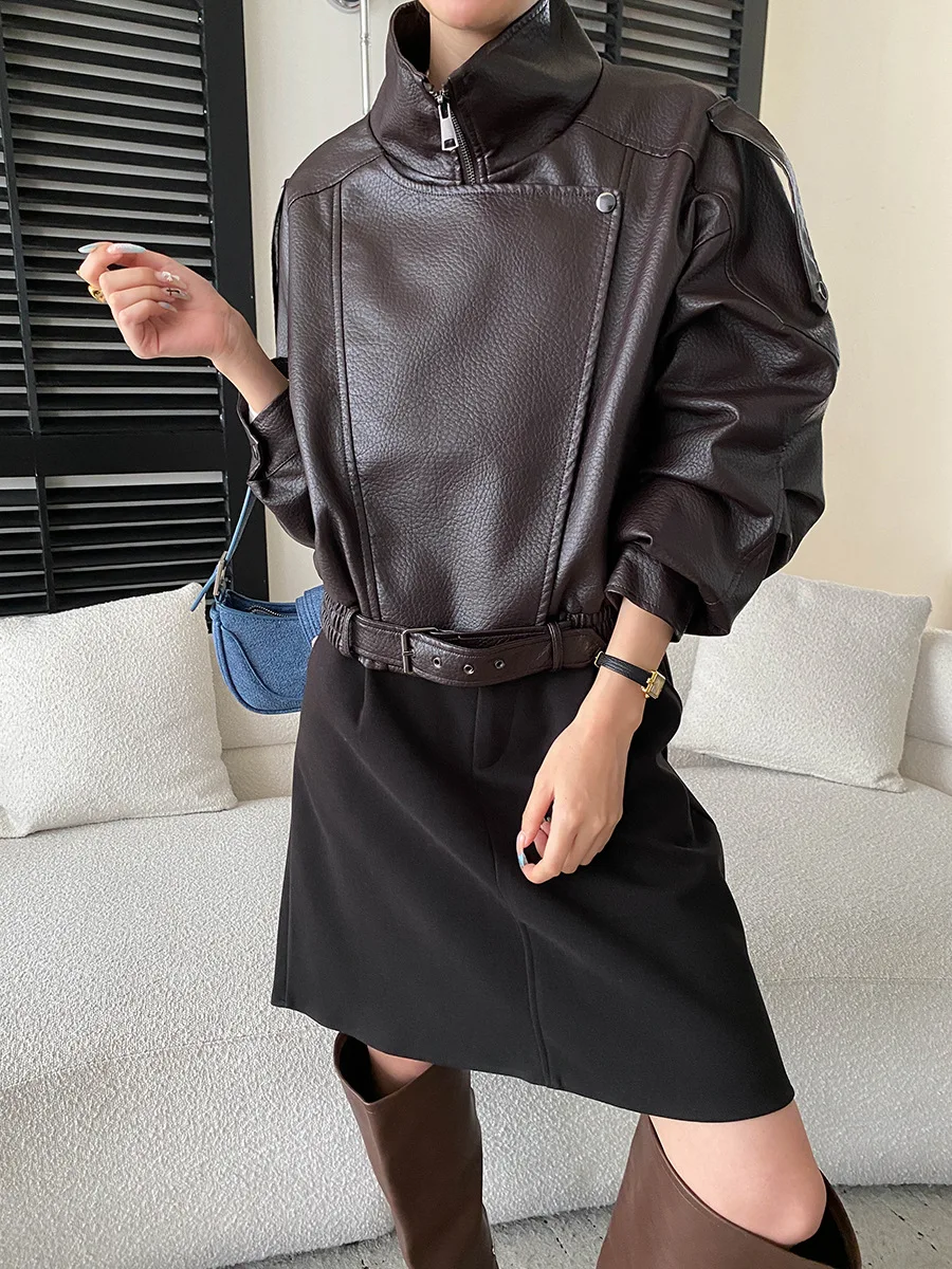 Autumn and winter women's casual solid color American retro PU leather lapel motorcycle silhouette leather jacket