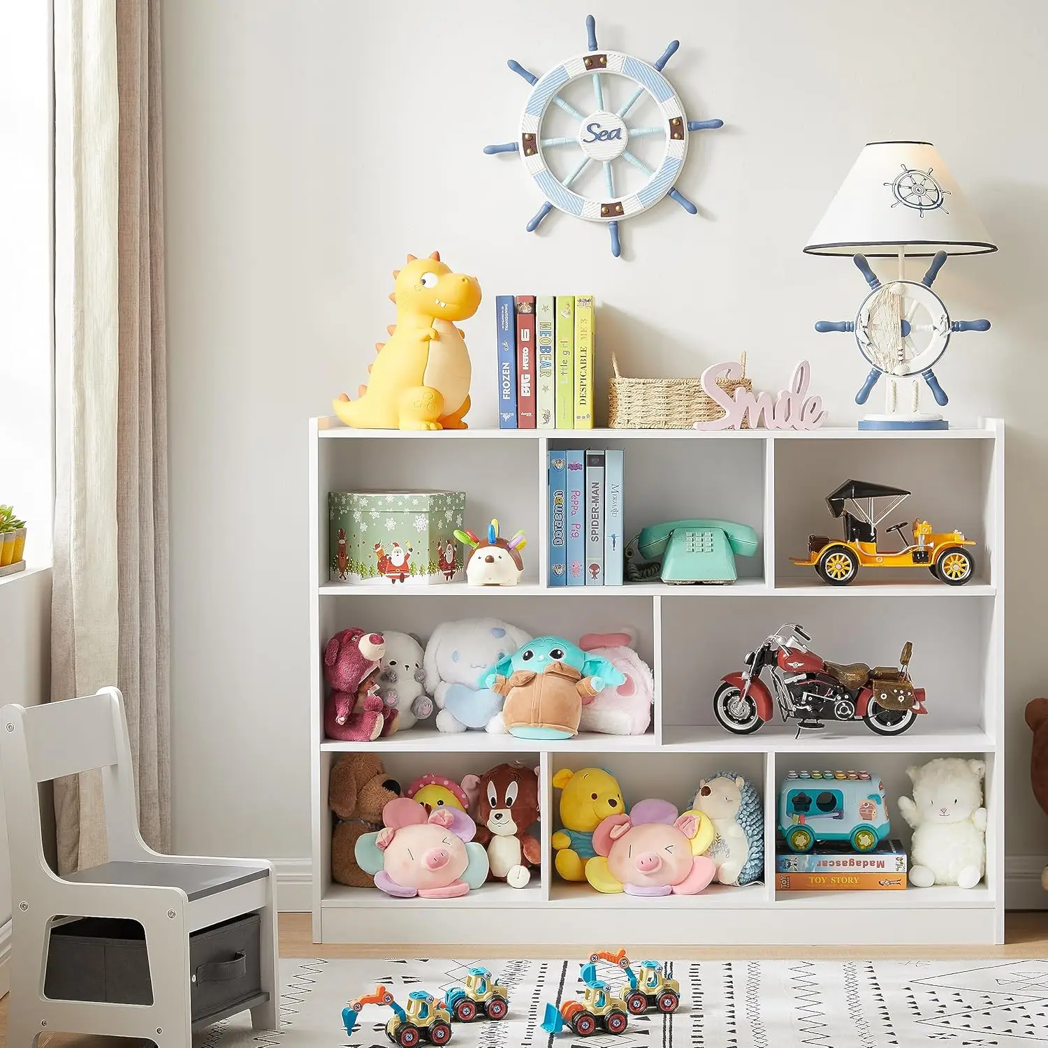 رف كتب خشبي من 3 طبقات، خزانة تخزين مكونة من 8 أقسام، باللون الأبيض