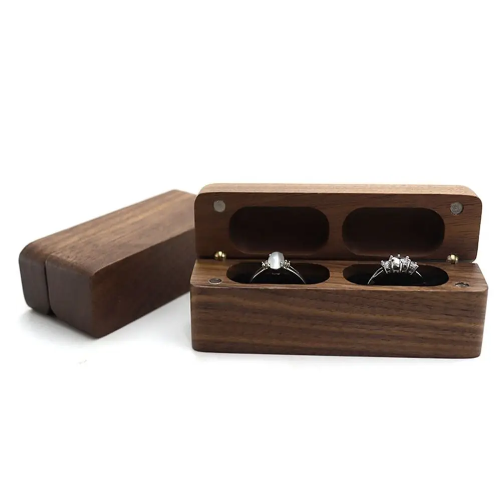 Walnut Wood Ring Box Rustic 2-Slot Flip Cover Storage Box Reusable Rectangular Wedding Ring Case Valentine's Day