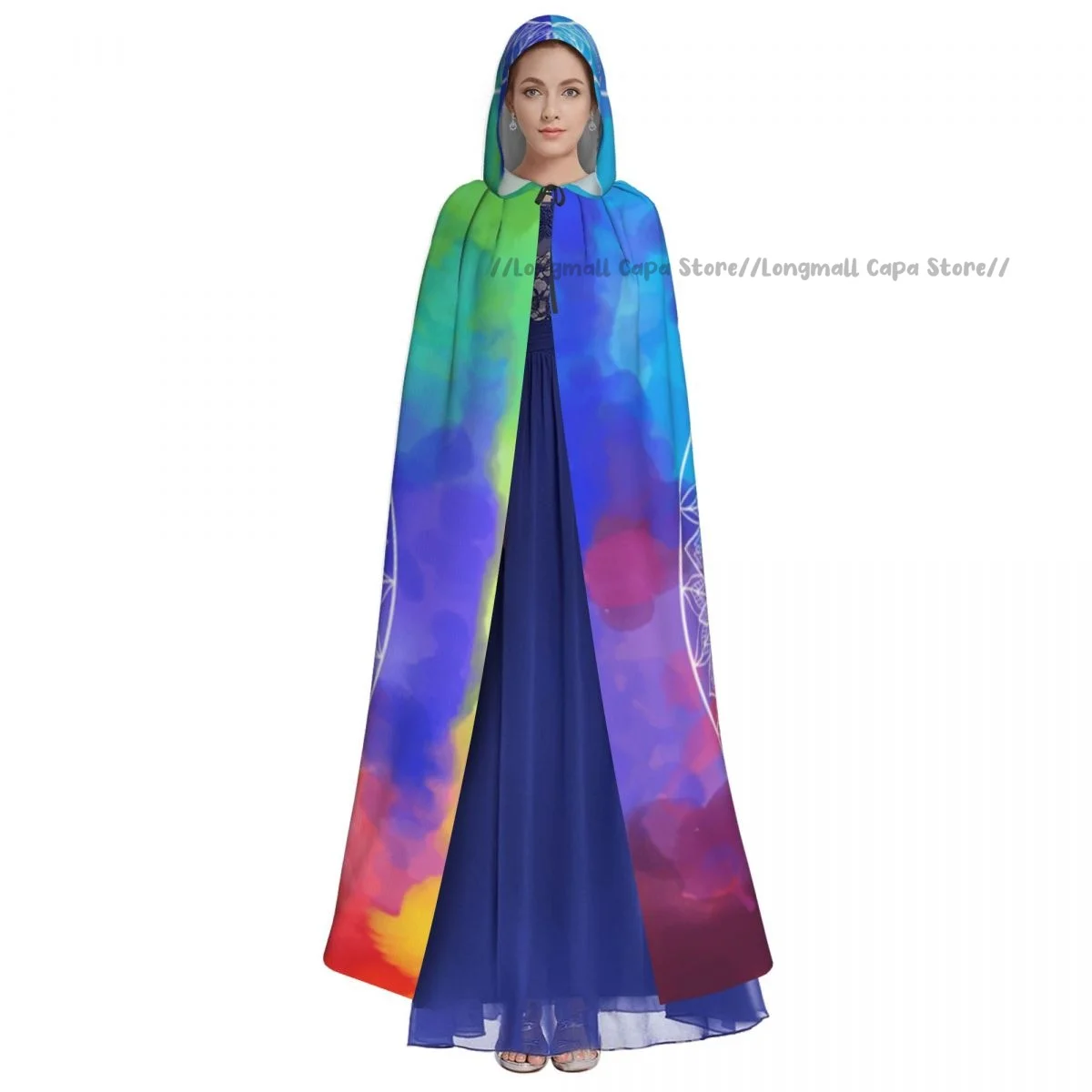 Adult Halloween Hipster Peace Symbol Cloak Cape Hooded Medieval Costume Full Length Dress Coat