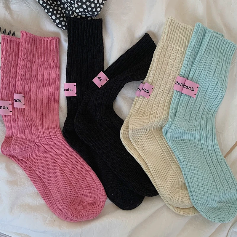 Colorful New Winter Y2K Harajuku Mid-calf Sleeve Warm Thread Knitted Band Label Stacked Soft Socks Thickened Warm Solid Socks