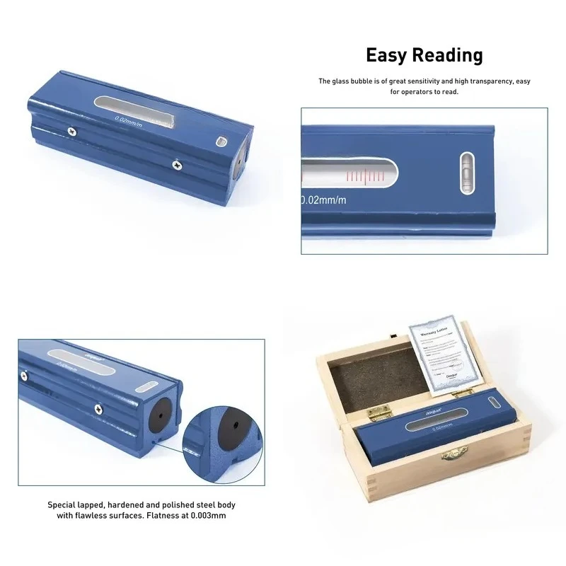 150mm, 200mm, 250mm, 300mm graduation 0.02 bar level, master precision level
