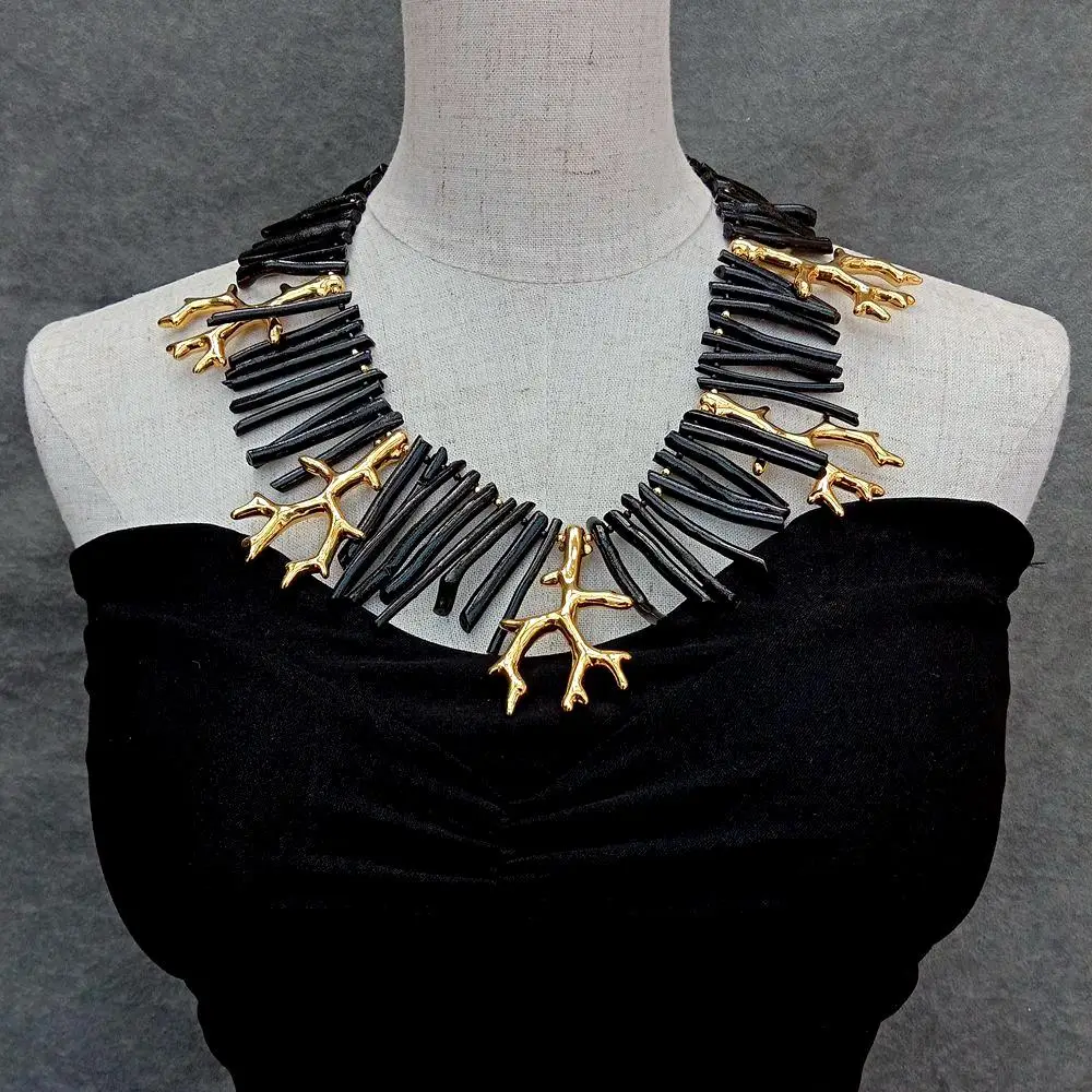 

YYGEM40mm Black Coral Golden Resin Branch Necklace Handmade Women Designer Jewelry