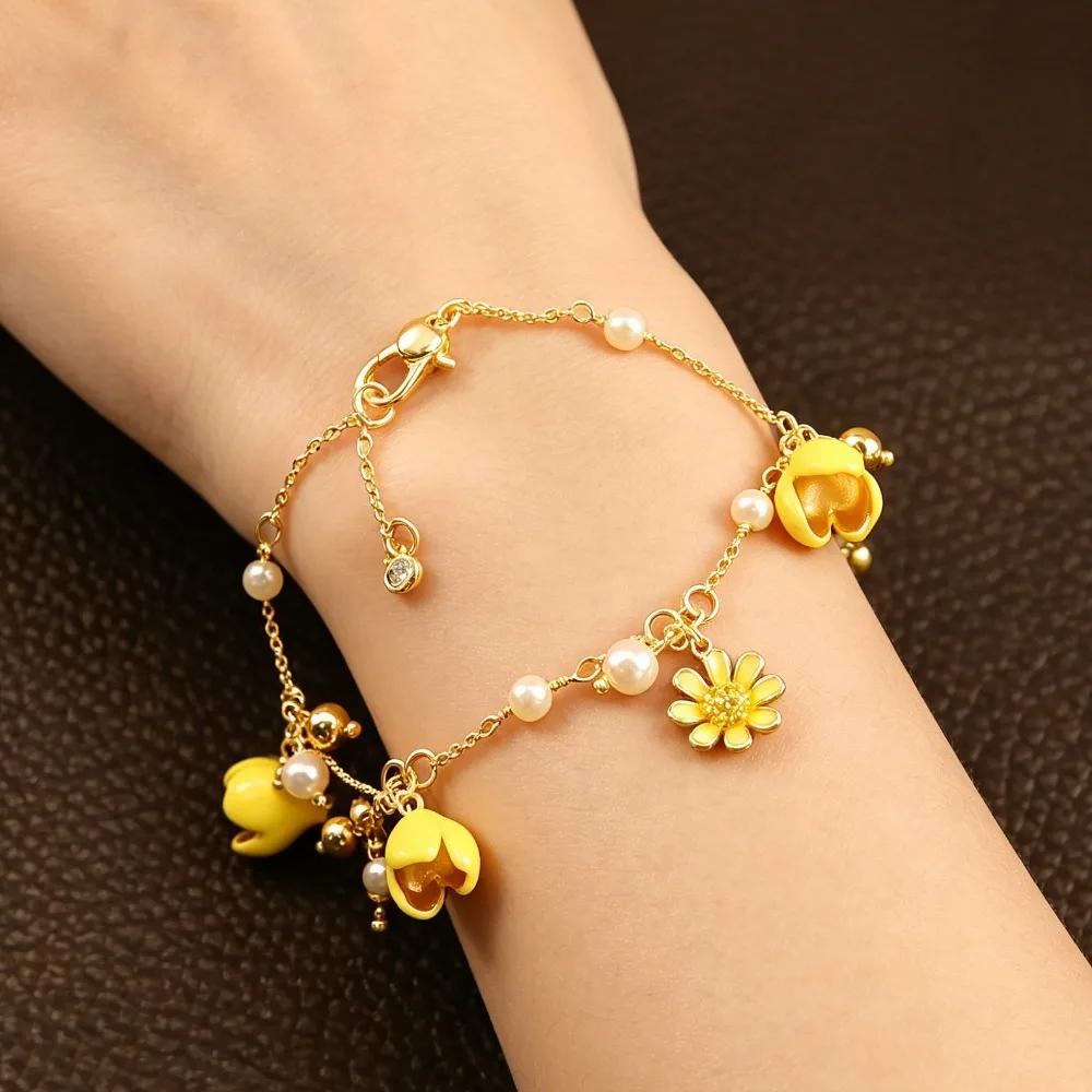 New Gold Plated Natural Pearl Tassel Yellow Enamel Flower Charms Bracelet Necklace Light Luxury Fashion Senior Jewelry Sets