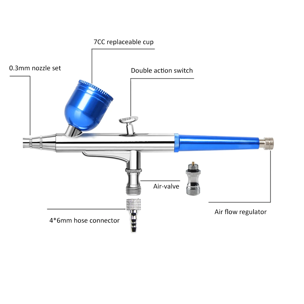 RIBO 131B Dual Action Airbrush Pen Blue Color Gravity Feed Trigger Type Spray Gun Replace Cup