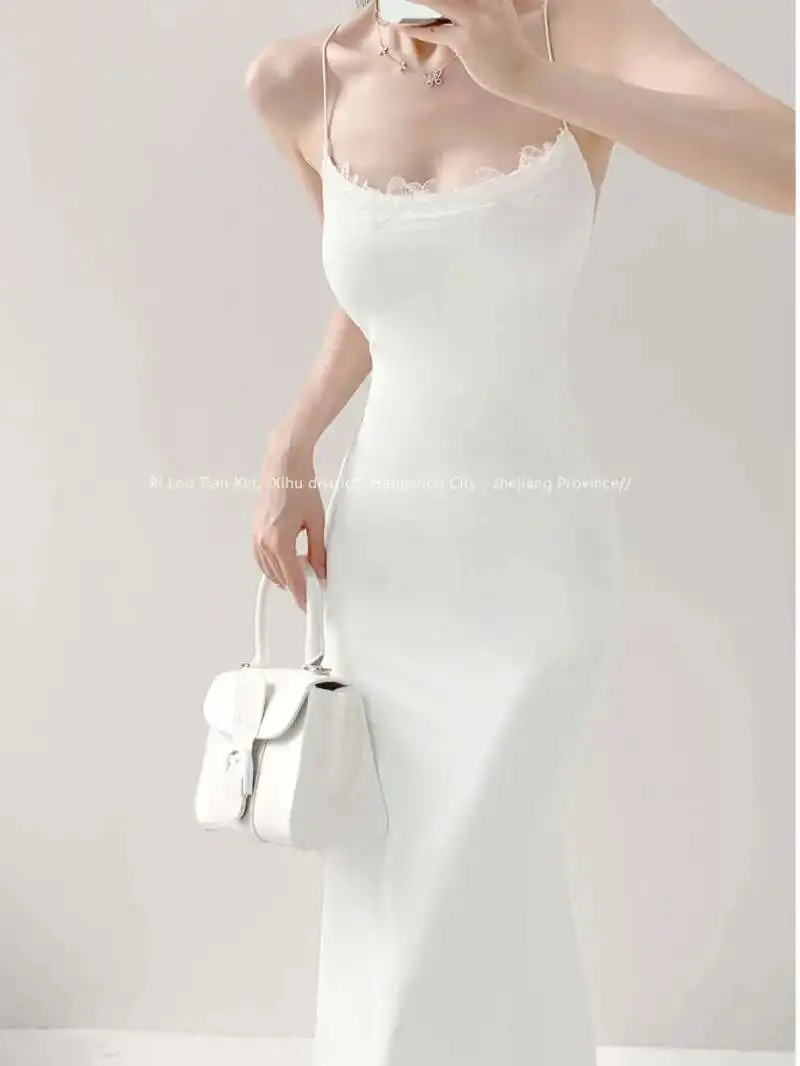 New 2024 Summer Sexy Design Sense Butterfly Backless Lace Splicing Sling Long Dress Women Low Neck High Waisted Slim Dress S007