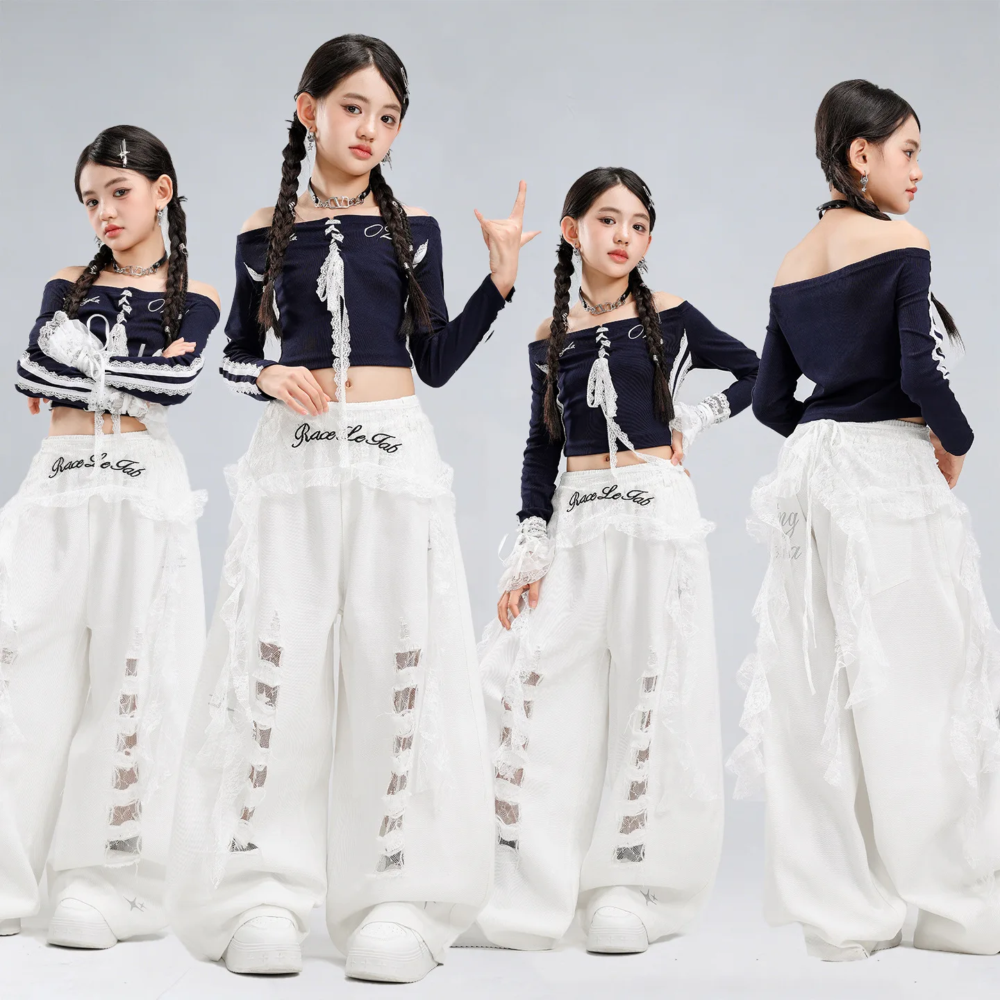 Girls K-pop Red Lace Crop Tops Street Dance Jeans Pants Kids Hip Hop Jazz Clothes Set Children Streetwear Childen Group Costumes