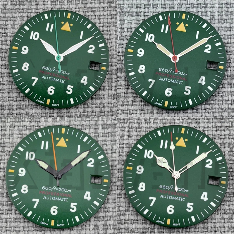 

29-мм стерильный зеленый циферблат и стрелки для часов Pilot, подходят для механизмов NH35, NH36 с коронкой 3.0/3.8, модифицированные запчасти и аксессуары для часов