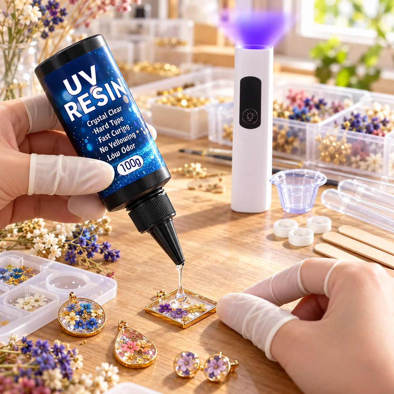 UV Resin 100g Hard Type Crystal Clear Kit, UV Lamp with Droppers, Sticks, Molds & Accessories for Fast Curing DIY Crafts