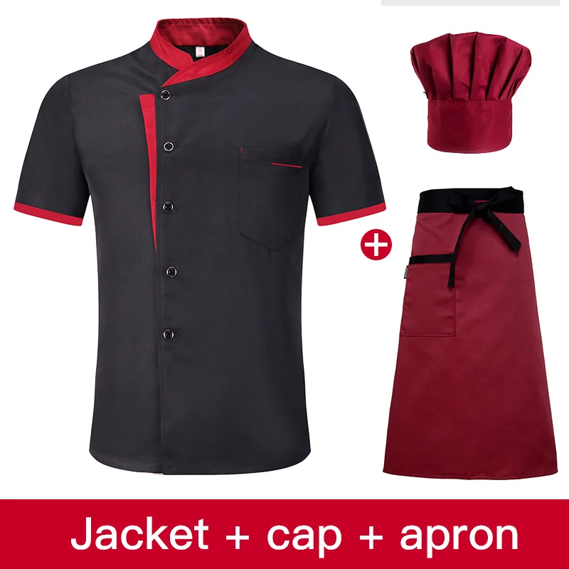 Ensemble de vêtements de travail de cuisine à manches courtes pour hommes et femmes, veste de chef mince, tablier respirant, manteau de chef avec chapeau, été, restaurant, hôtel