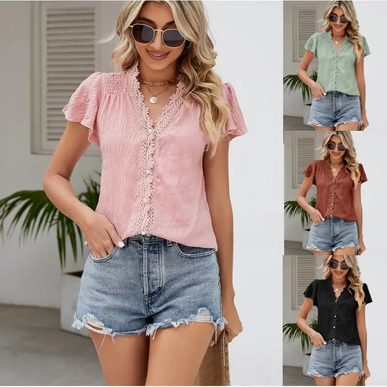 

Women's ort Sve Lace irt Collar with Flng Polyester Commute Sle Loose Fit Polyester Fiber Non-Sinkage Summer 2023