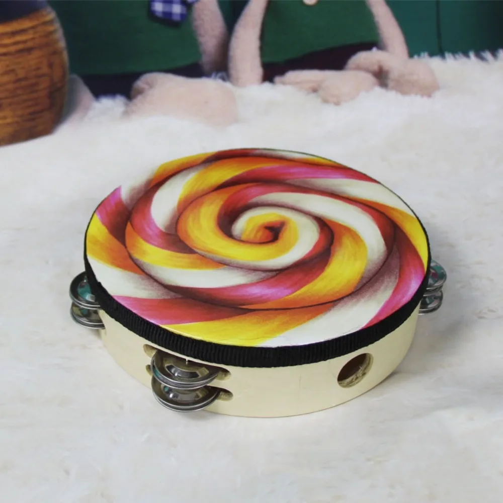

Durable Double Row Hand Held Drum 8/10-Inch Rainbow Wood Tambourine Performance Educational Children's Drum Party Church