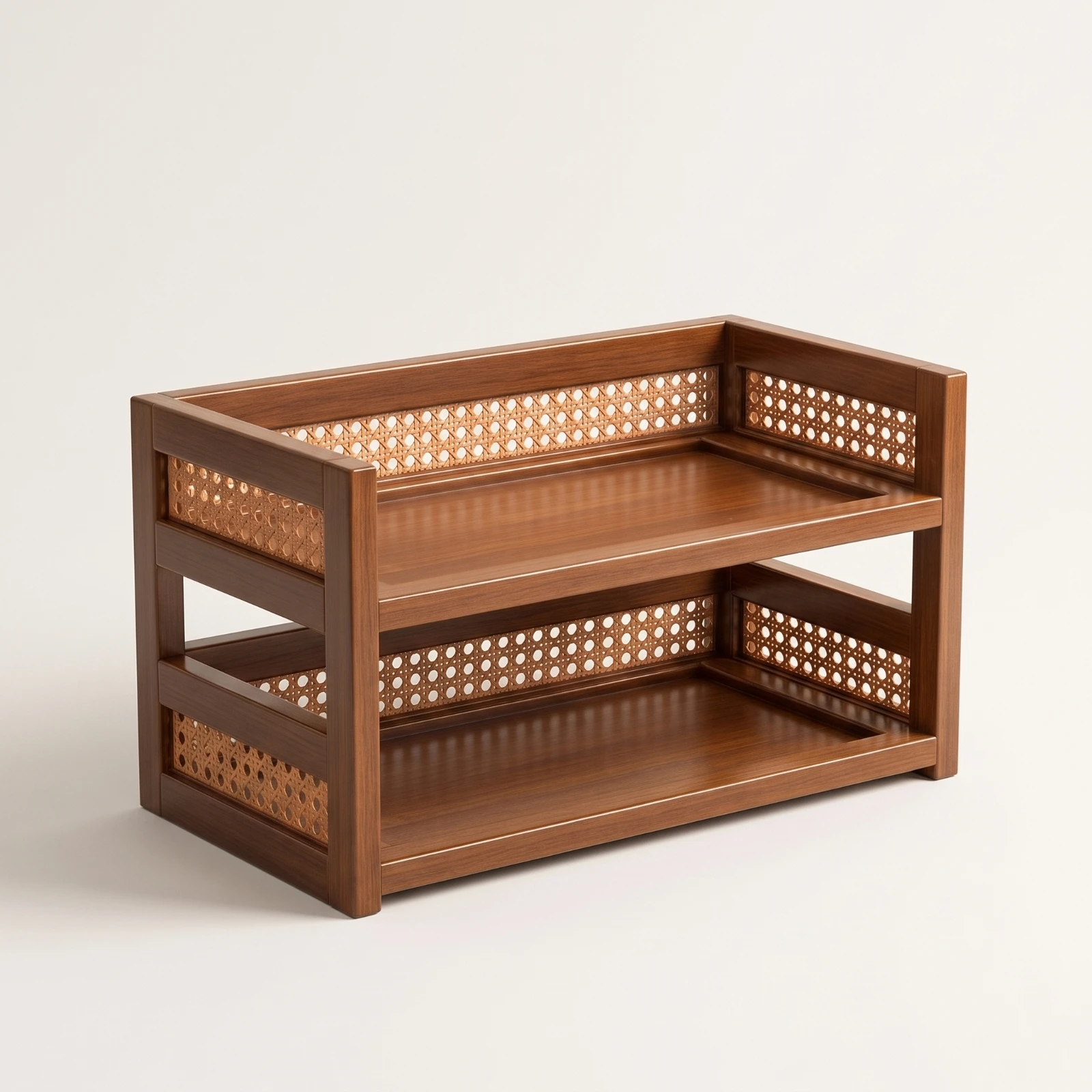 2-Tier Storage Rack with Rattan Panels Wood-Tone Desktop Organizer Shelf Two Tier Storage Rack Open-Frame Desktop Organizer