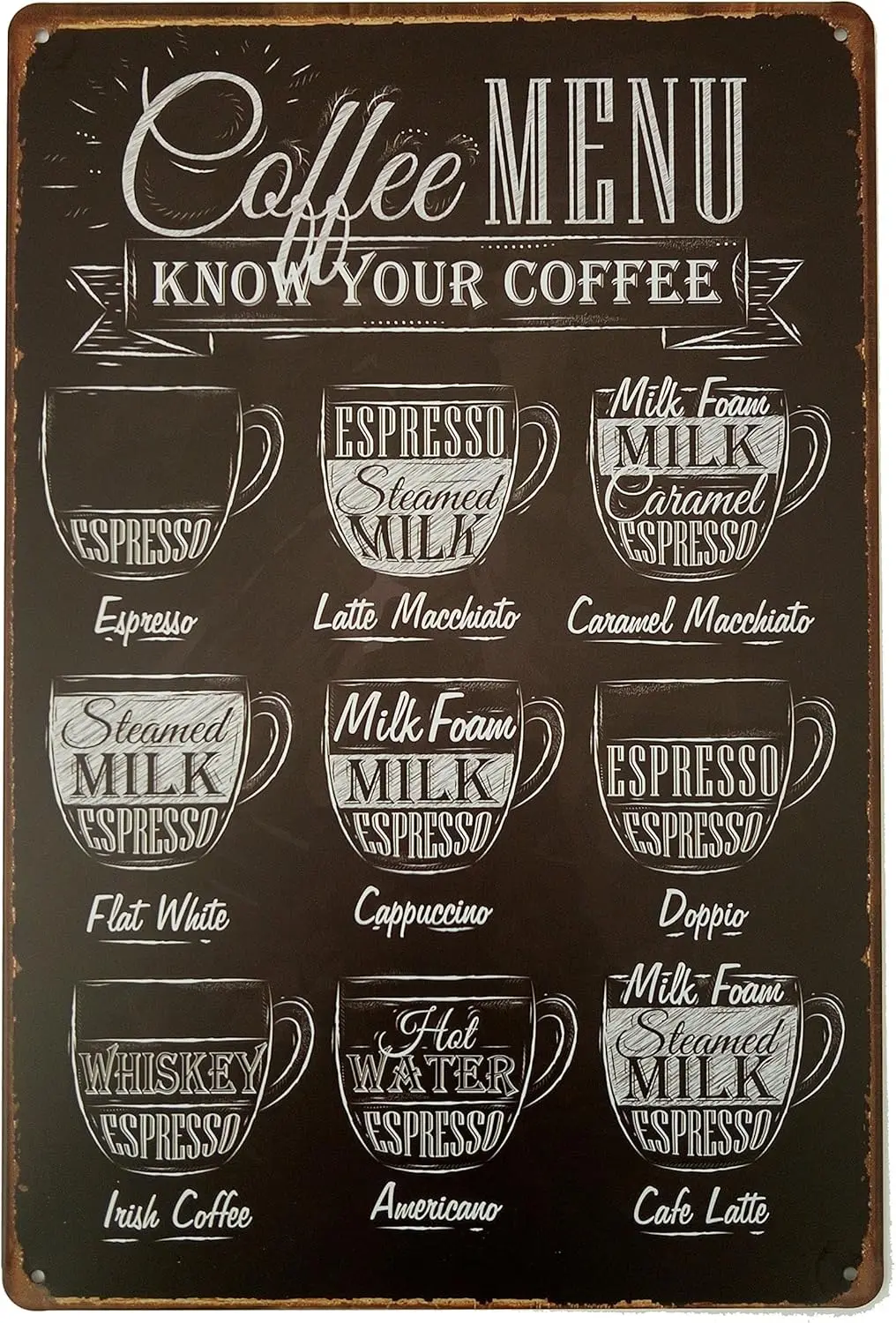 Coffee Menu Know Your Coffee Tin Sign Wall Retro Metal Bar Pub Poster Metal 12 X 8 sign