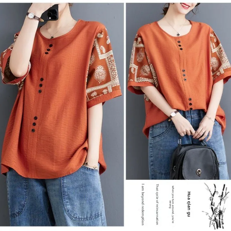 

Cotton and Linen Splicing Printing Summer New Top Large Size Women's Retro Shirt Loose and Thin Foreign Short Sleeves Plus Size