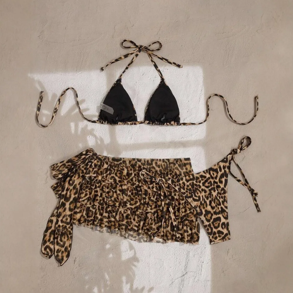 Conjunto de bikini de 3 piezas con estampado de leopardo para mujer Traje de baño sexy Fiesta en la playa Traje de baño Tankini de verano Ropa de playa