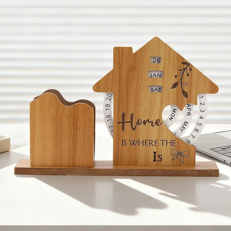 Wooden Rotating Perpetual Calendar Multifunctional Pen Holder Desktop Storage Box Stress Relief Decor Student Novelty Gift