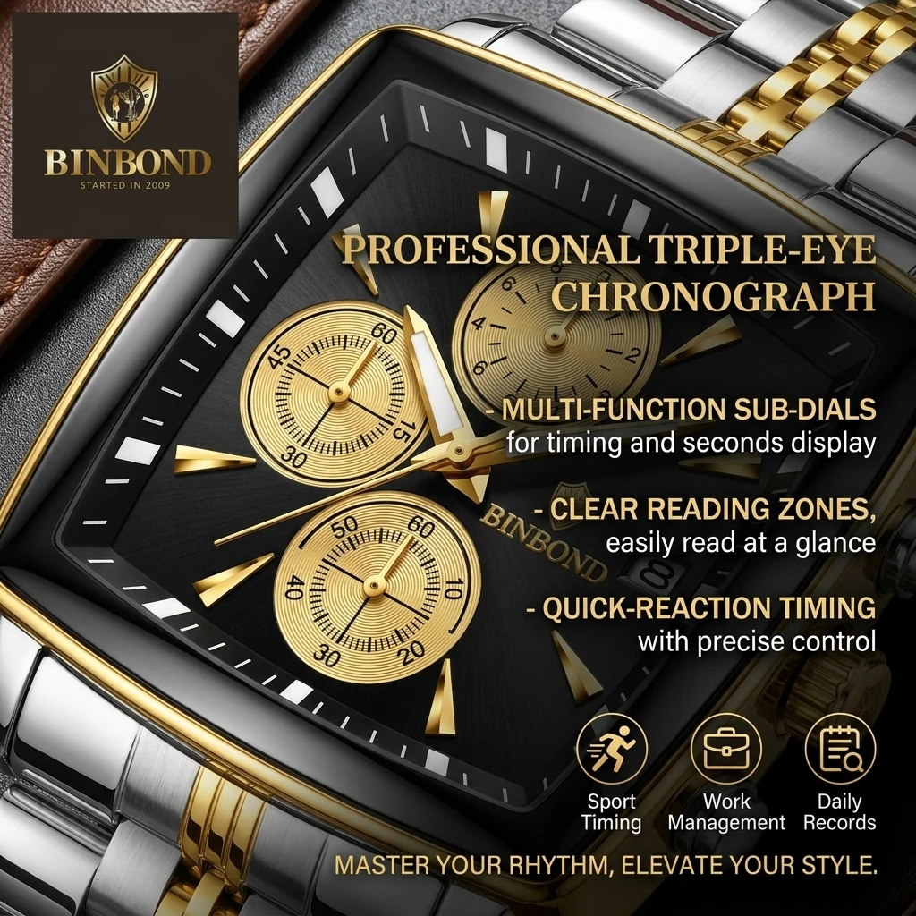 1 Piece Watch With Square Dial, Two-Tone Metal Strap, Multi-Functional Chronograph, Stylish Business Men's Watch