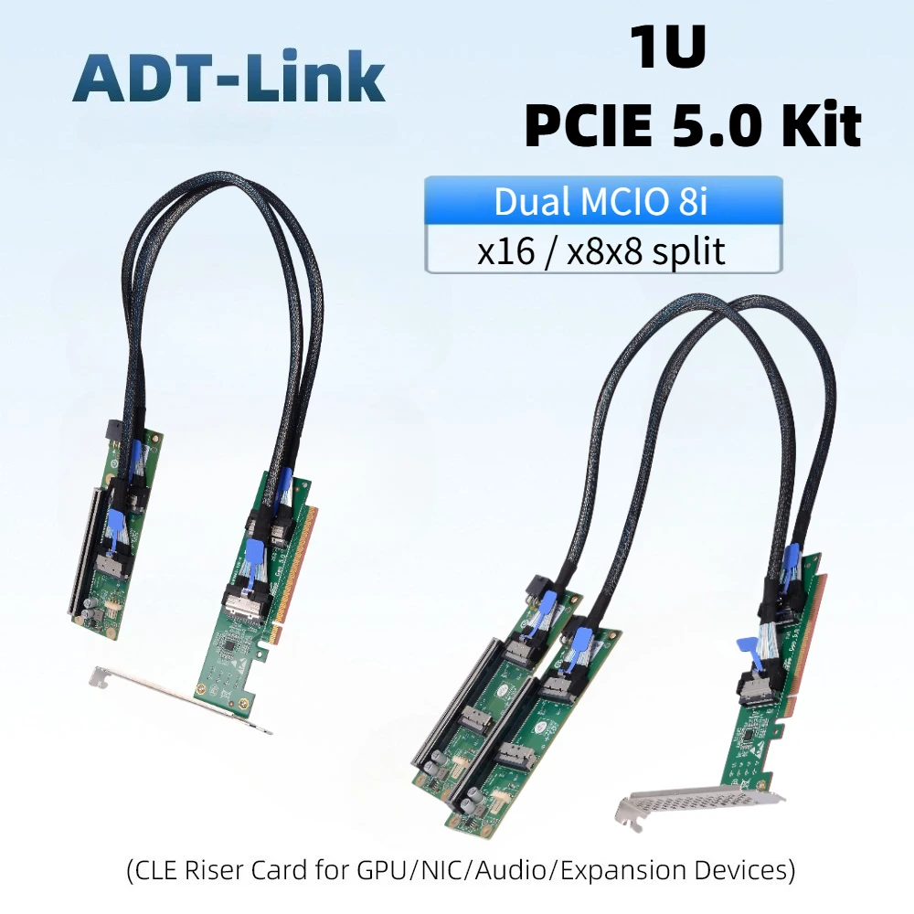 PCIe 5.0 X16 To MCIO 8i Riser Card 1U External GPU Expansion Split Bifurcation Full Kit for Server Pci-e 5.0/ 4.0 Breakout Board