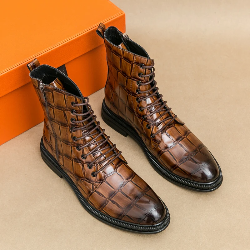 

Men High Top Boots PU Embossed Pattern Professional Classic Business Men Boots