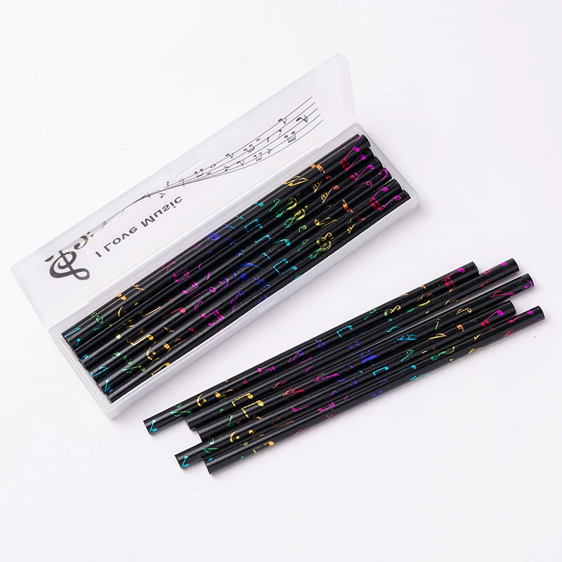 Colorful Note Black Wood Pencil Student I Love Music Stationery Treble Clef Pencil Case With 12 Pencils In Pencil Box Pencil Set