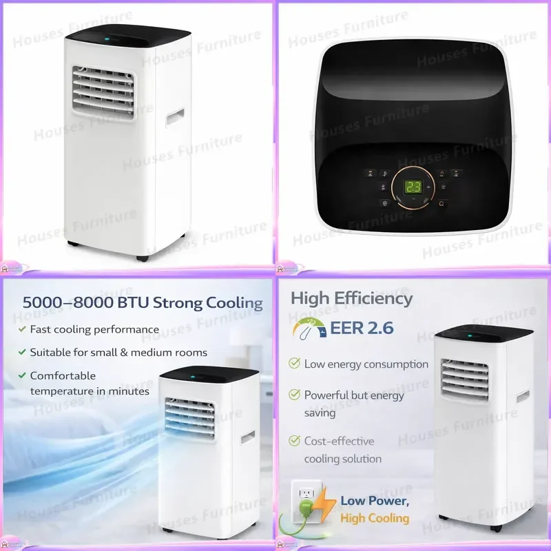 8000BTU Portable Air Conditioner Compact AC Unit R290 Refrigerant Home Cooling Fan Quiet Energy Efficient Plastic