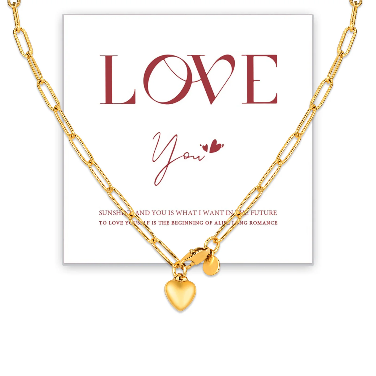 Vnox Dainty Love Heart Necklaces Gift for Women,Valentine's Day Gift to Girlfriend Wife Her with Card,Paperclip Chain Collar Set