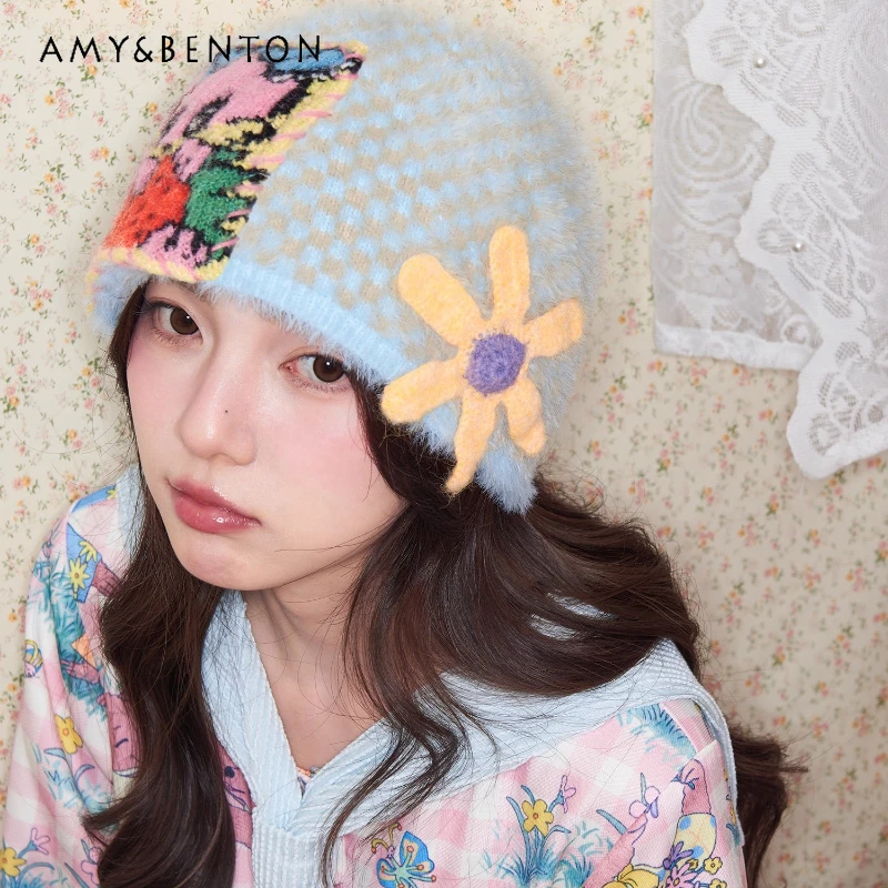 

2025 Autumn And Winter Light Blue Animal Flower Knitted Women's Accessories Retro Design Versatile Sweet Cute Warm Hats Ladies