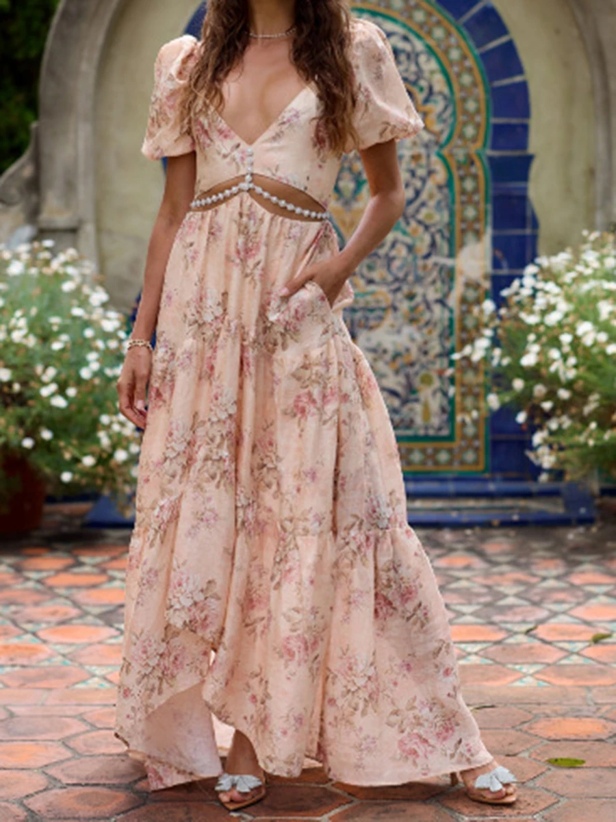 

Floral Print V Neck Long Dresses Women Pearl Hollow Out Puff Sleeve A-line Vestidos Summer New Elegant Casual Fashion Maxi Dress