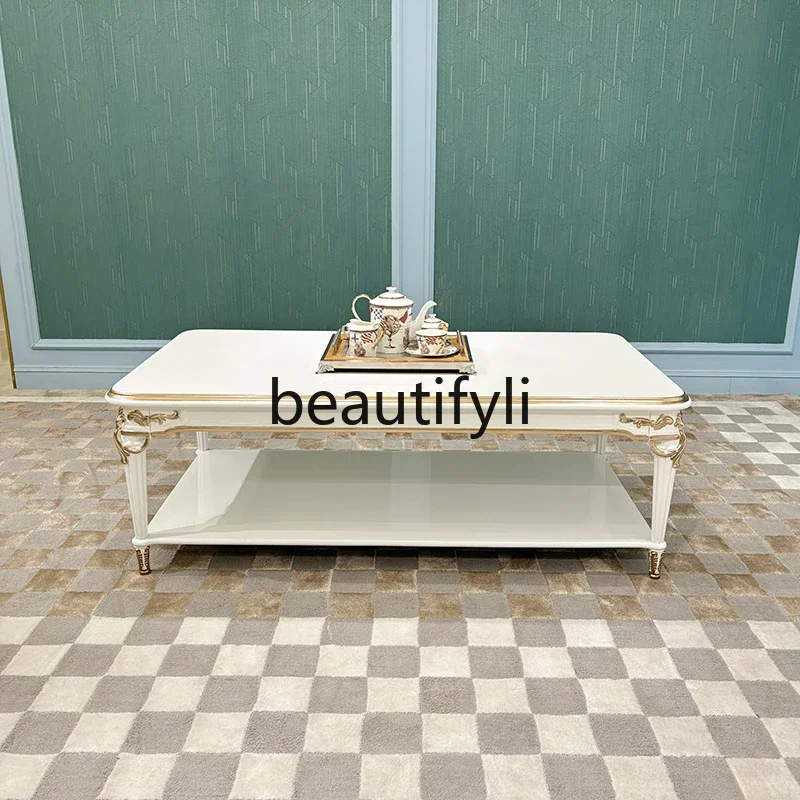 

French solid wood coffee table, luxury rectangular solid wood carving double-layer tea table living room furniture6220