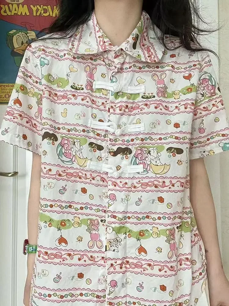 Chemisier à Manches Courtes pour Femme, avec Col Beurre Imprimé de Lapin de Dessin Animé, Style Preppy, Chemise Boutonnée Cheongsam, Vêtements Kawaii Y-