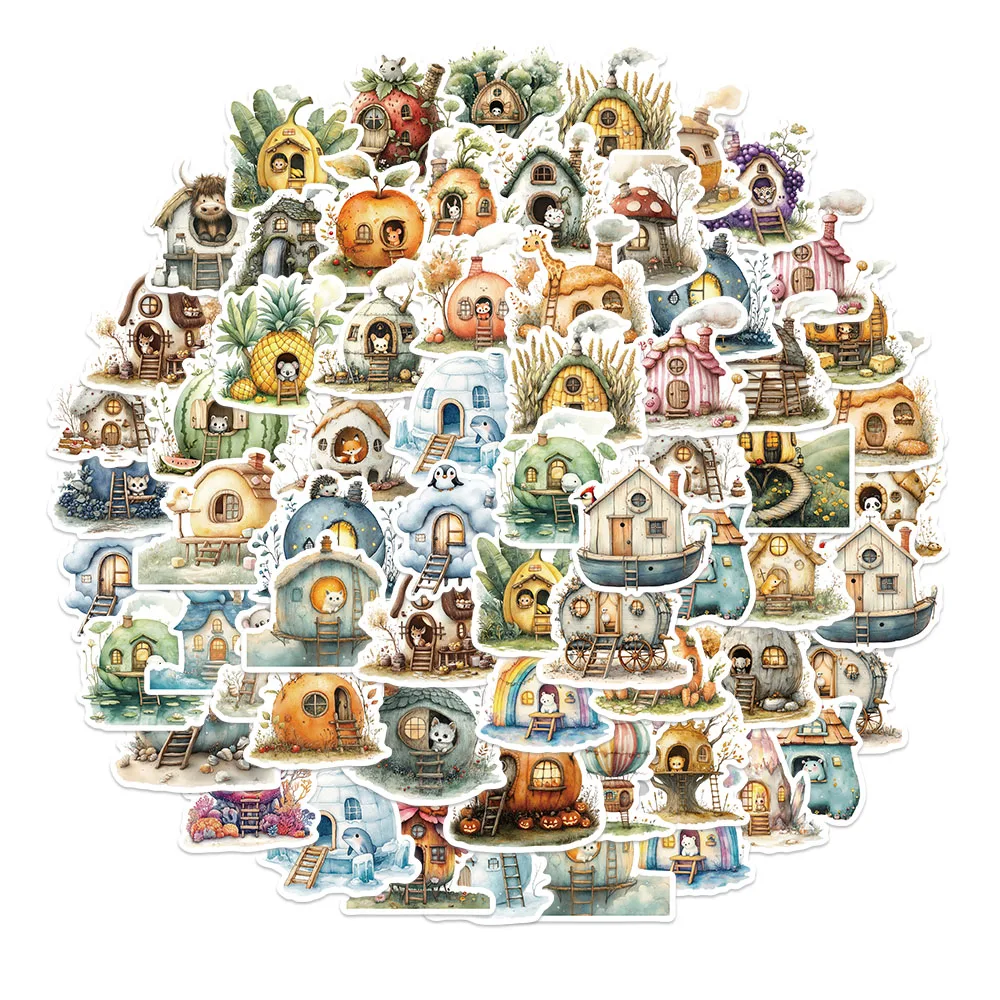 

50PCS Creative Hand drawn Watercolor House Stickers Luggage Computer Skateboarding Guitar Mobile DIY Waterproof Stickers