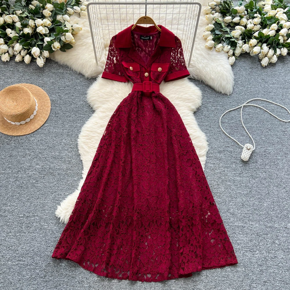 

Elegant short sleeve lace mesh Vintage Chic Slim Dress Women fairycore Fashion Evening High Street Clothing