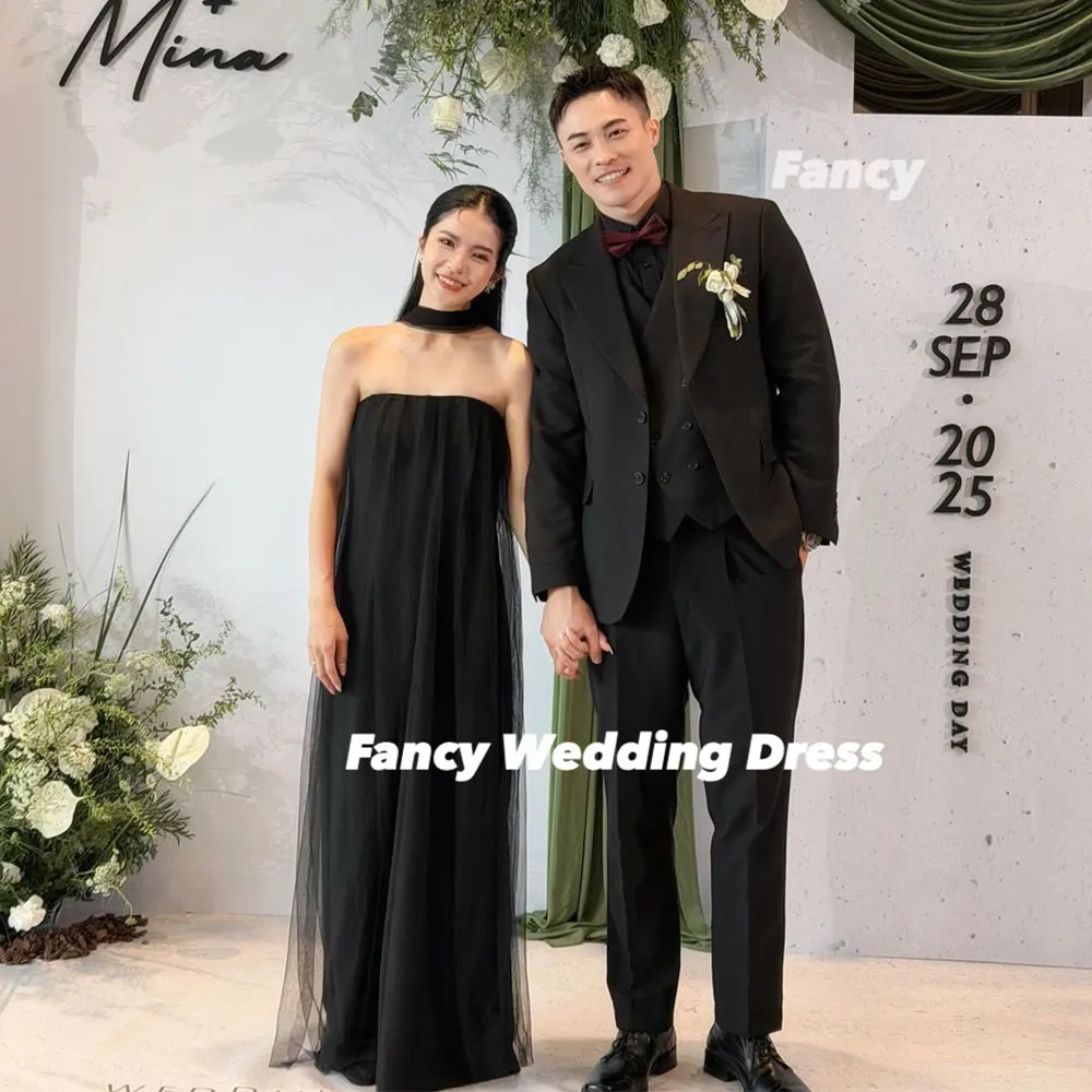 Fancy Simple Black Strapless Wedding Dress Korea Photo Shoot A Line Soft Tulle Bridal Gown Back Zip Customized