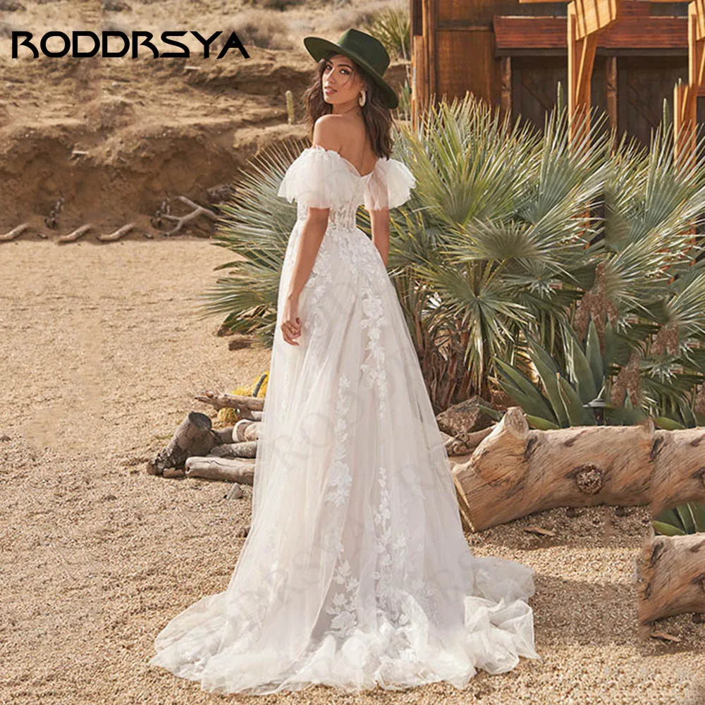 RODDRSYA-Vestido De Novia Vintage con hombros descubiertos, traje bohemio De tul, línea A, cuello De barco, apliques De playa, vestidos De Novia De