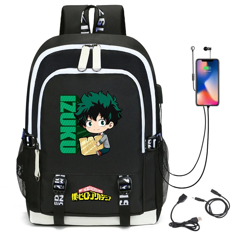 حقيبة ظهر من My Hero Academia Izuku مزودة بمنفذ شحن USB حقيبة كتب عصرية لطيفة مناسبة للأولاد والبنات هدية للمدرسة