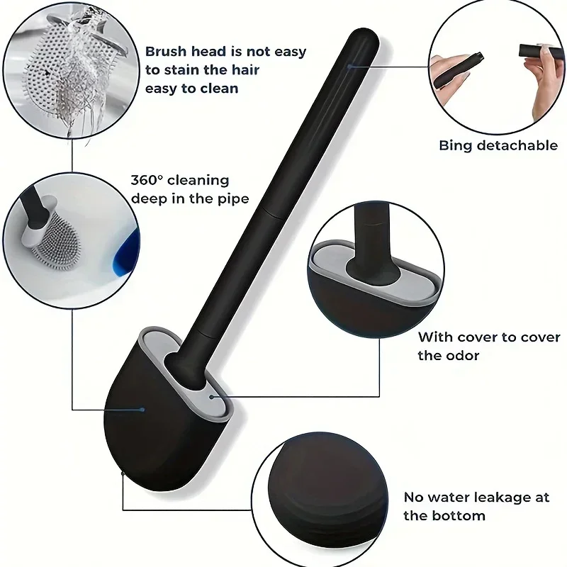 فرشاة تنظيف فرشاة المرحاض من السيليكون، رأس مسطح، مرن مثبت على الحائط، مجموعة حامل فرشاة تنظيف المرحاض السوداء للحمام المرحاض #5