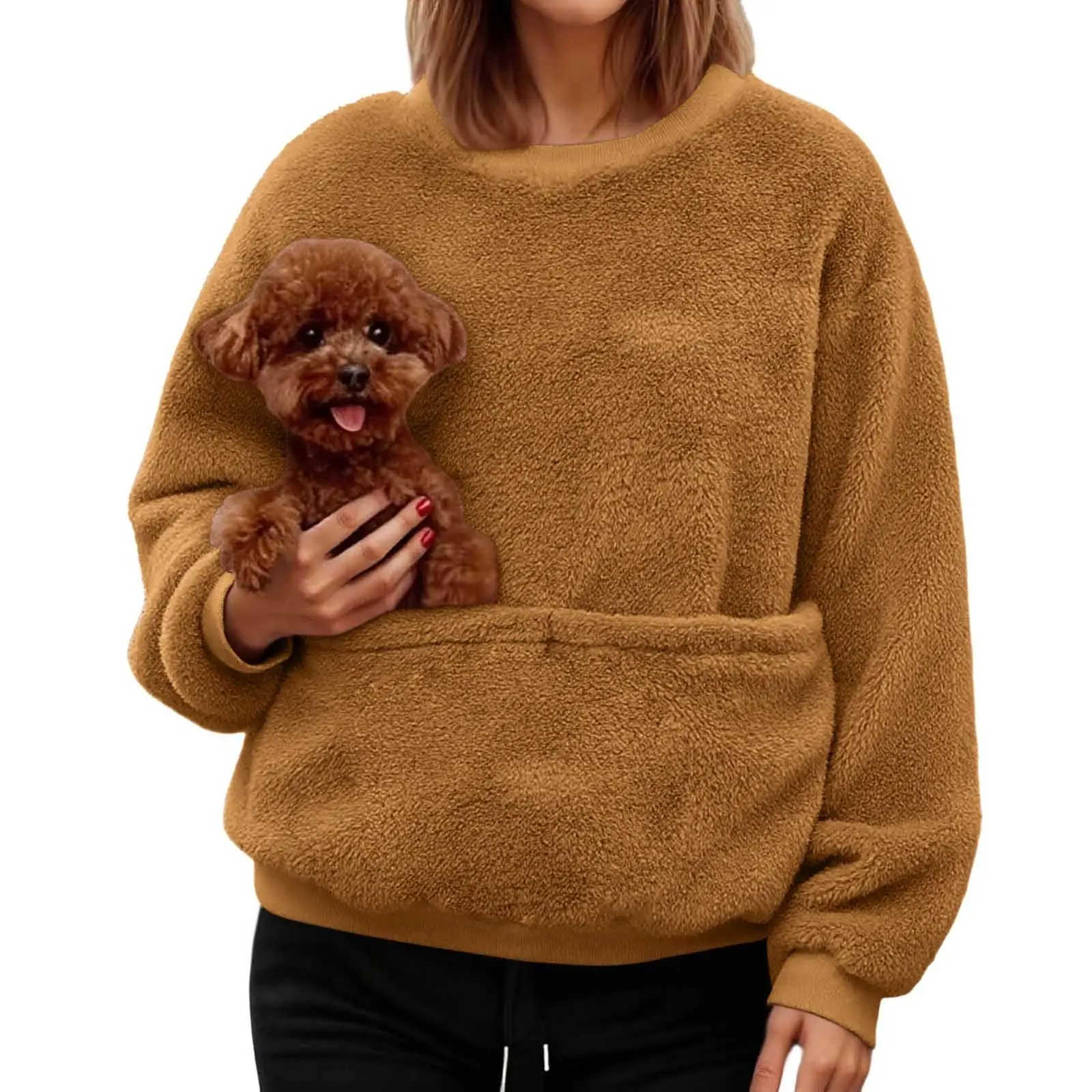 

Женская модная однотонная флисовая толстовка с карманом для питомца, круглым вырезом, длинными рукавами, повседневный пуловер, уютный топ с держателем для питомца