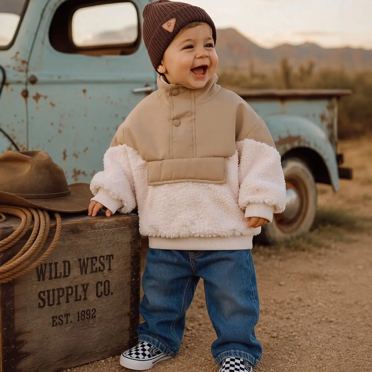 Infant Khaki Spliced Sherpa Coat, Stand Collar Button Design Fluffy Sleeve Warm Baby Winter Jacket Outwear