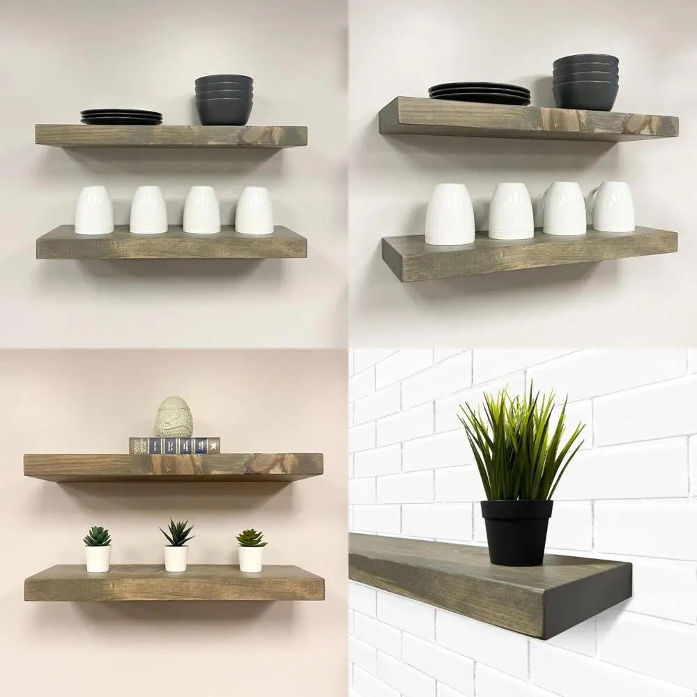 Conjunto de 2 prateleiras de parede resistentes de madeira maciça, estilo rústico, acabamento cinza, 48 polegadas de largura por 10 polegadas de profundidade