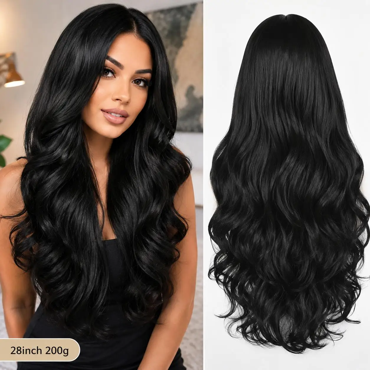 28-inch black synthetic wig with deep curly wave style, suitable for daily use, parties, weddings, Halloween and role-playing.