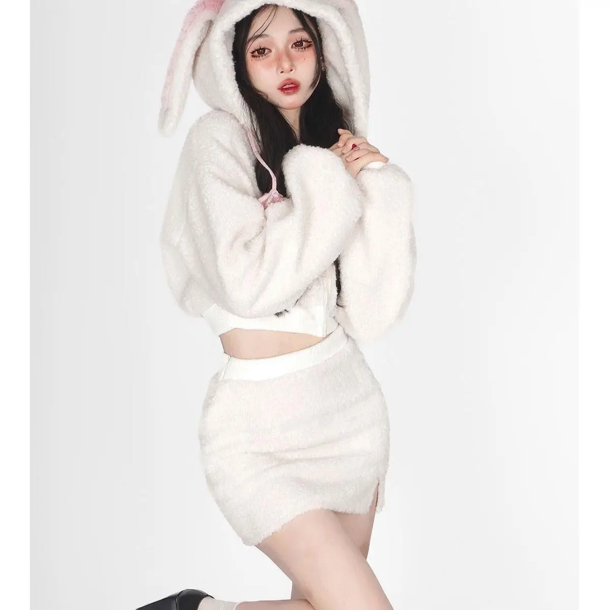 

Fluffy Rabbit Ear Hoodie Coat Women Y2k E-Girl High Waist Bodycon Split Skirts Winter Thicked Warm Two Piece Sets