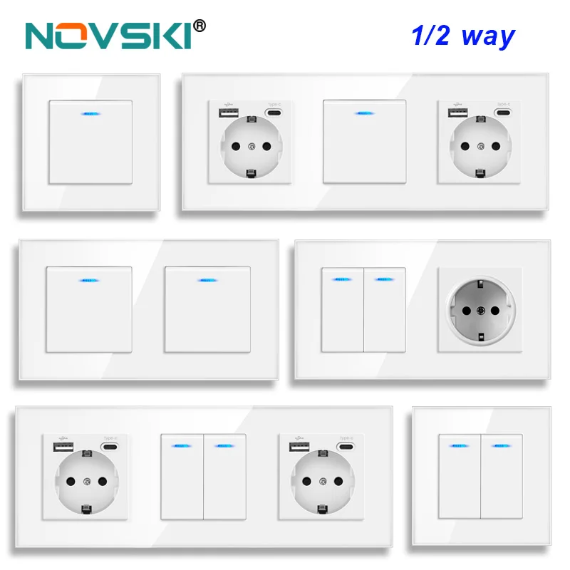 European Union Germany wall-mounted crystal glass white panel power socket with three plugs grounded, 16A triple power socket