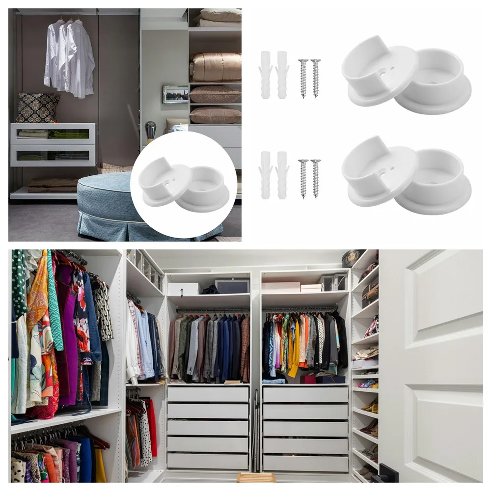 

2Pairs Heavy Duty Closet Pole Sockets With Screws Solid Plastic Closet Rod Holders White Color U-Shaped Open Type