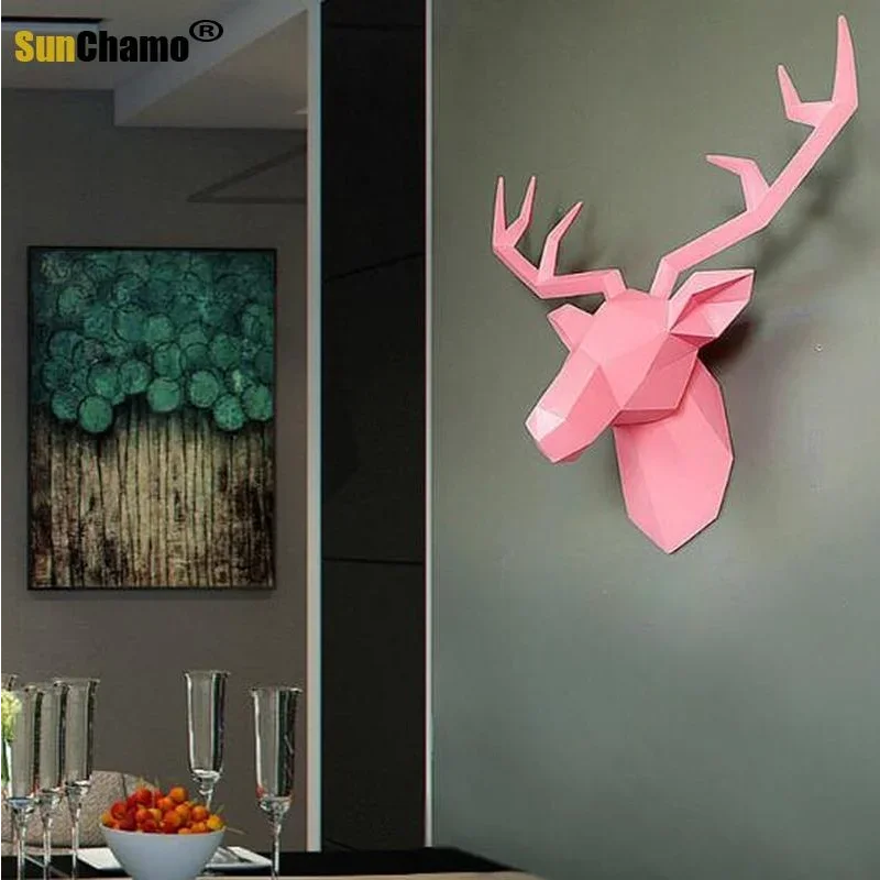 Large Size 4 Color Geometry 3D Animal Deer Head Wall Decoration Resin Skull Decor Creative Modern Art Hanging Statue Decore