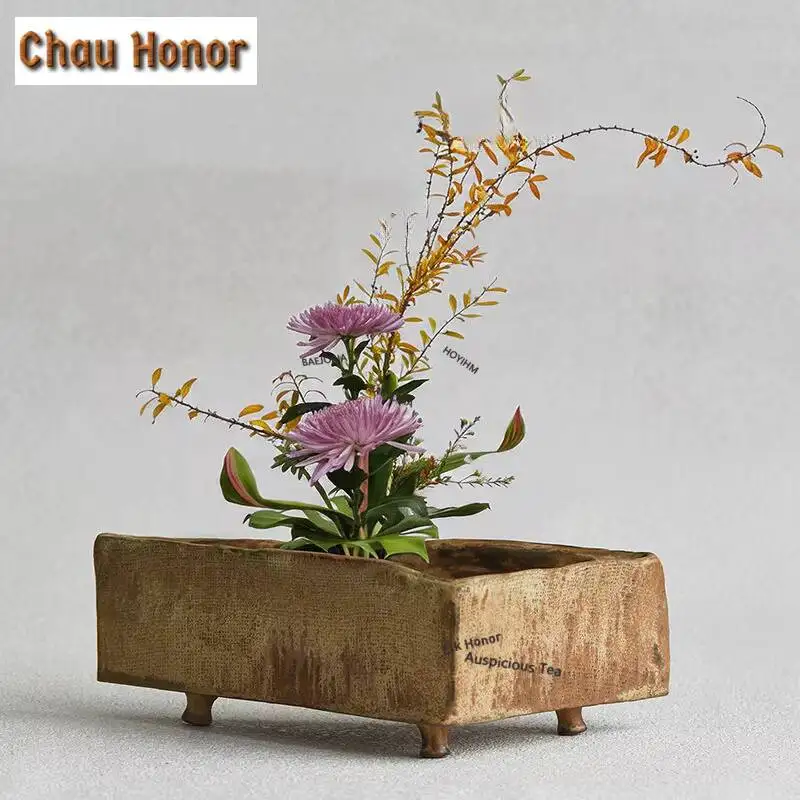 ZAEYORIA Japanese Wabi-sabi Ikebana Vase Brush-stroke Coarse Pottery Hydroponic Flower Pot Triangular Floral Vessel Decorations
